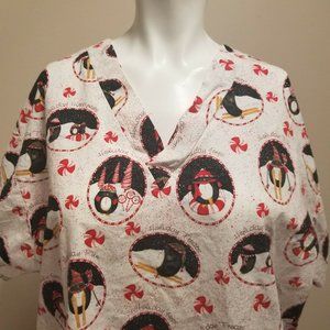 Christmas Scrub Top Penguin Holiday V/Slp On Sz L